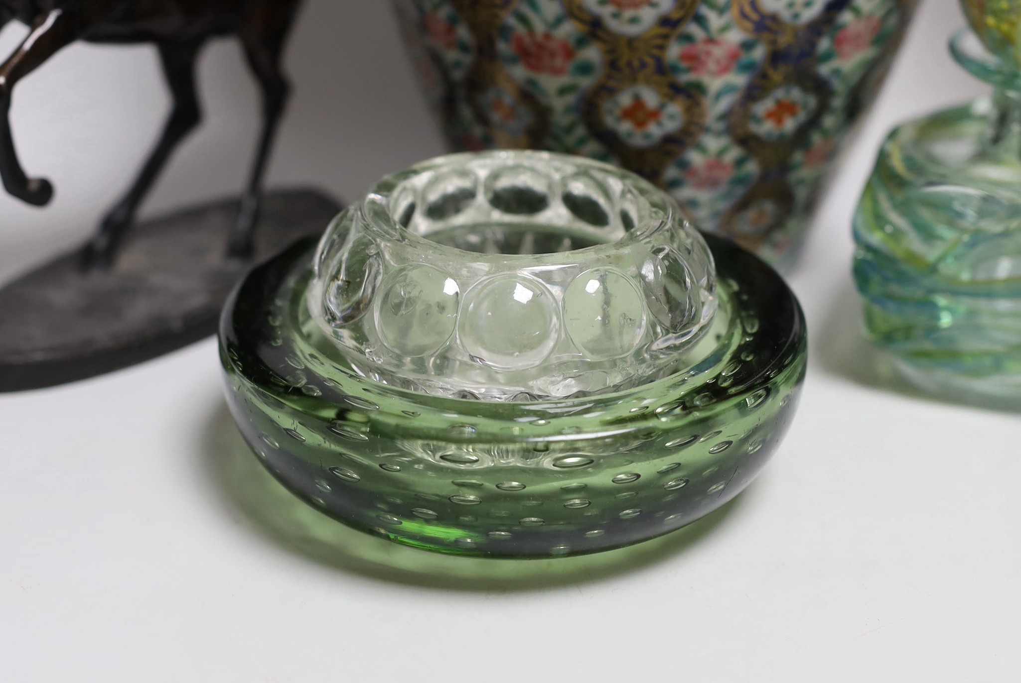 Various art glass bowls, a scent bottle and vase, a Continental ceramic vase and a Franklin mint horse (7)